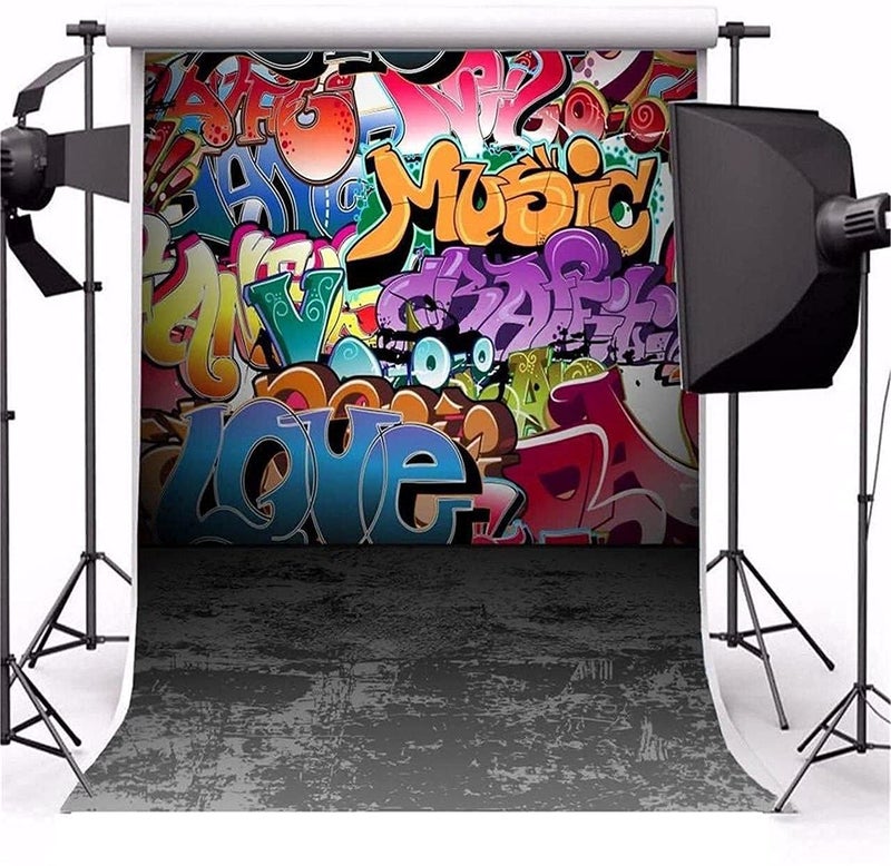 AOFOTO 6x8ft Street Graffiti Wall Backdrop 80s 90s' Party Decor Abstract Urban Art Doodle Hip Hop Stylish Pop Portrait Photography Background Club Rock Music Vocal Concert Photo Studio Props Vinyl - Image 3